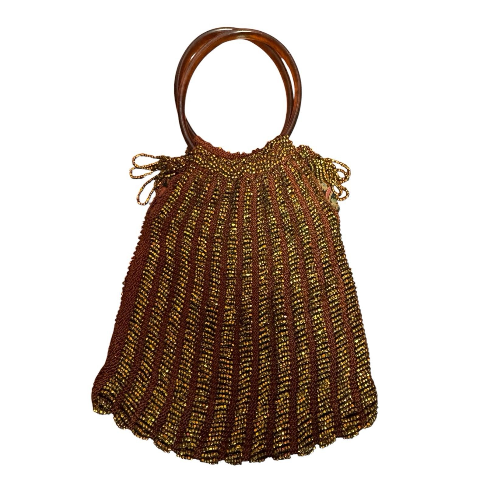 Vintage Beaded Purse Amber Colored Lucite Handles Art Deco Flapper Evening Bag